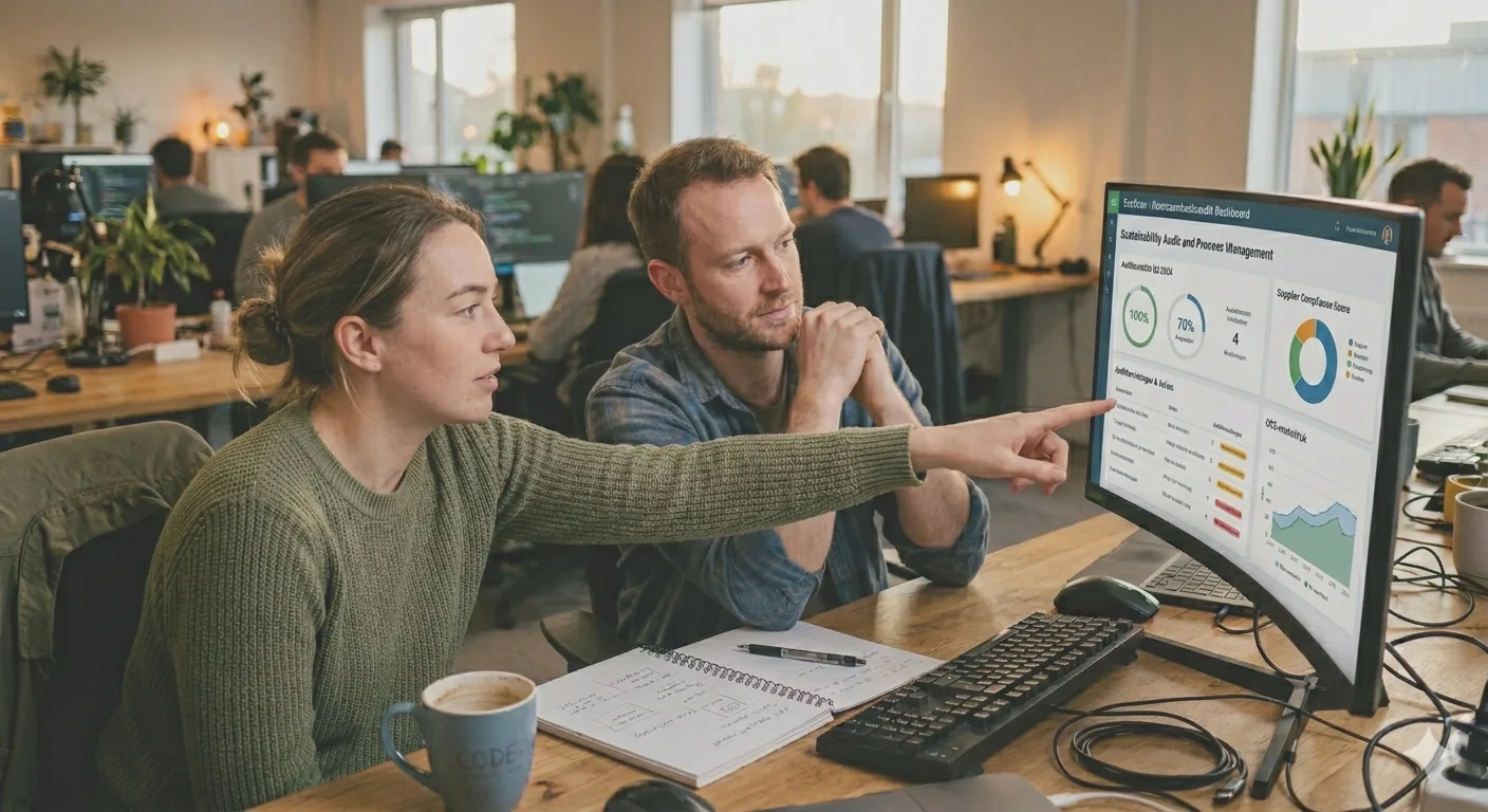 Twee collega's kijken samen naar een dashboard op kantoor